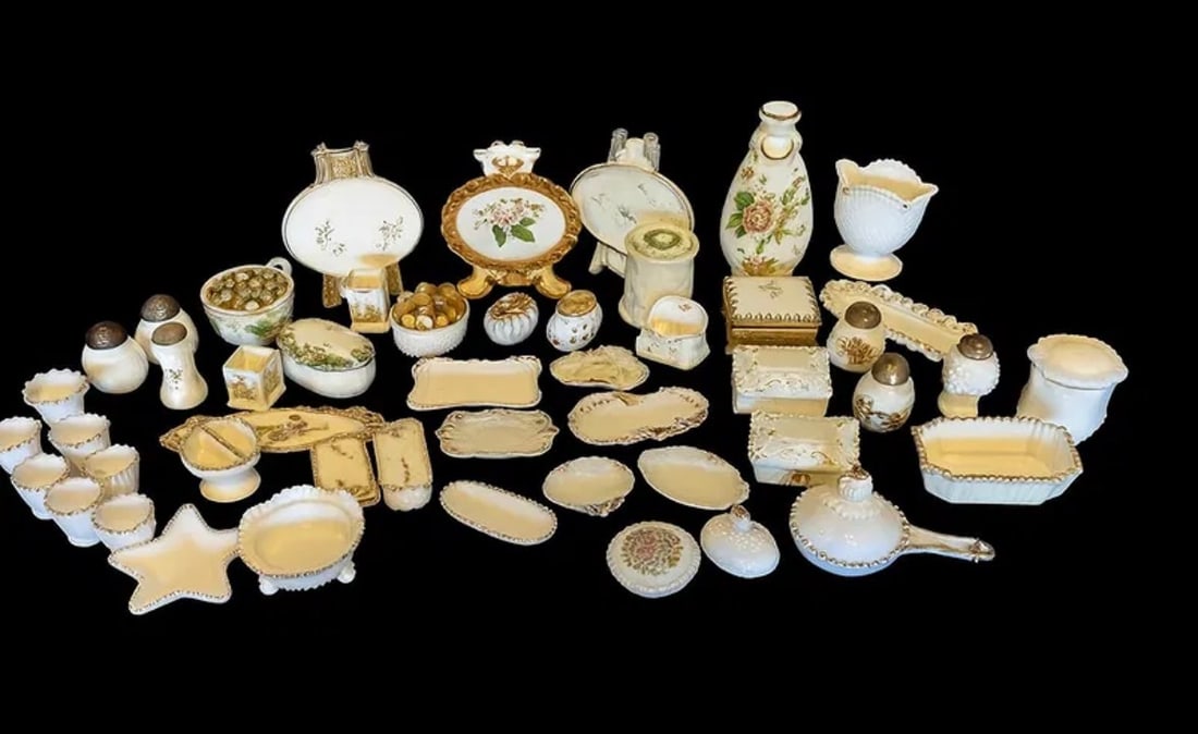 51-Piece Antique Victorian Dresser & Vanity Collection – Wave Crest Style, Milk Glass, (1 of 3)