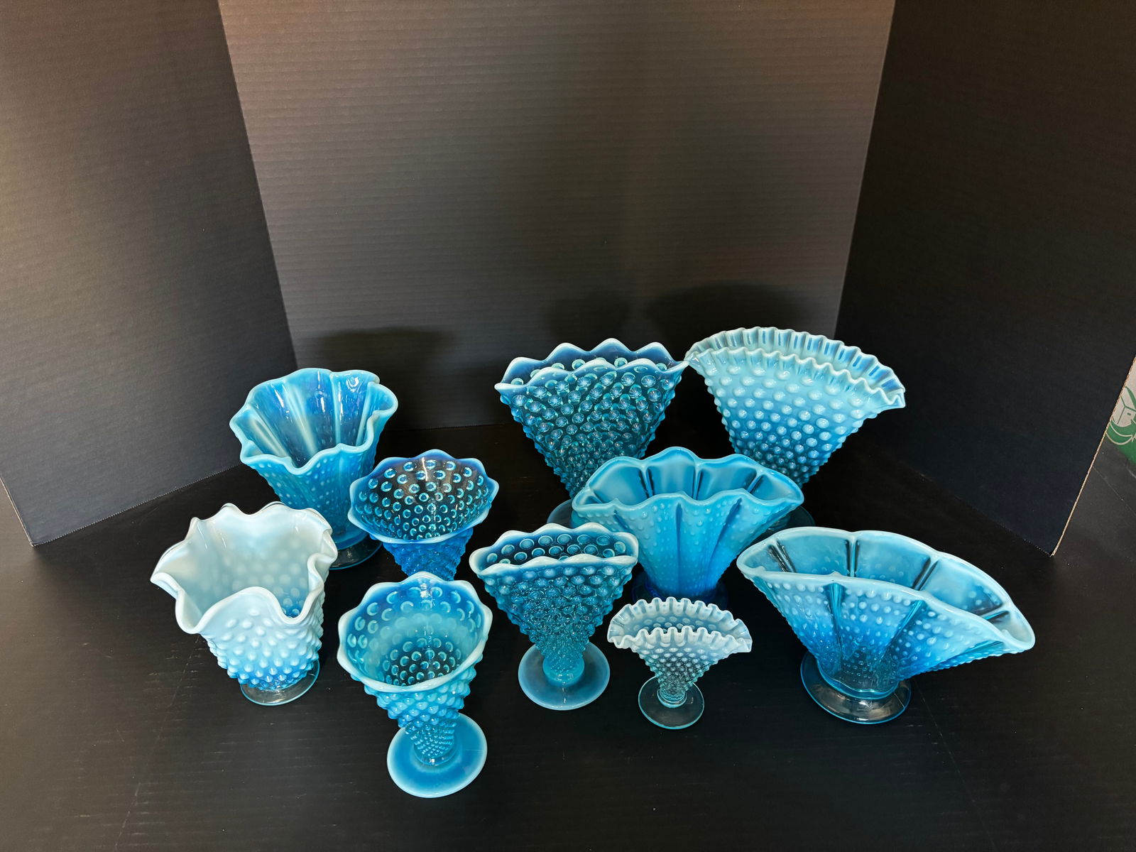 Collection of 10 Blue Opalescent Hobnail Vases, Ruffled & Fan Forms (Unmarked) (1 of 4)