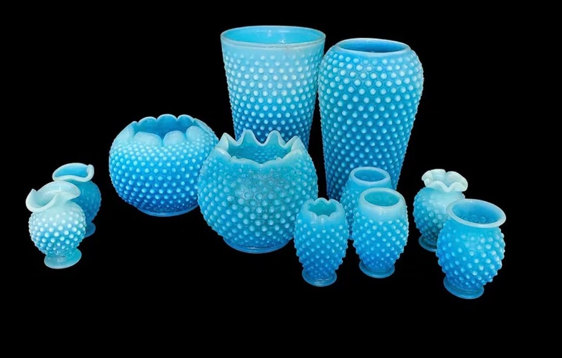 Collection of 11 Fenton Blue Opalescent Hobnail Vases (1 of 4)