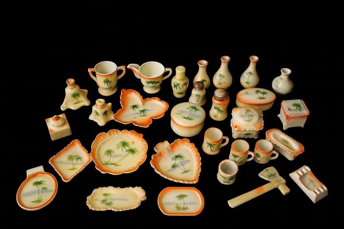 32-Piece Hand-Painted Milk Glass Dresser & Vanity Set – Palm Tree Scenic – c. 1920s–30s (1 of 4)