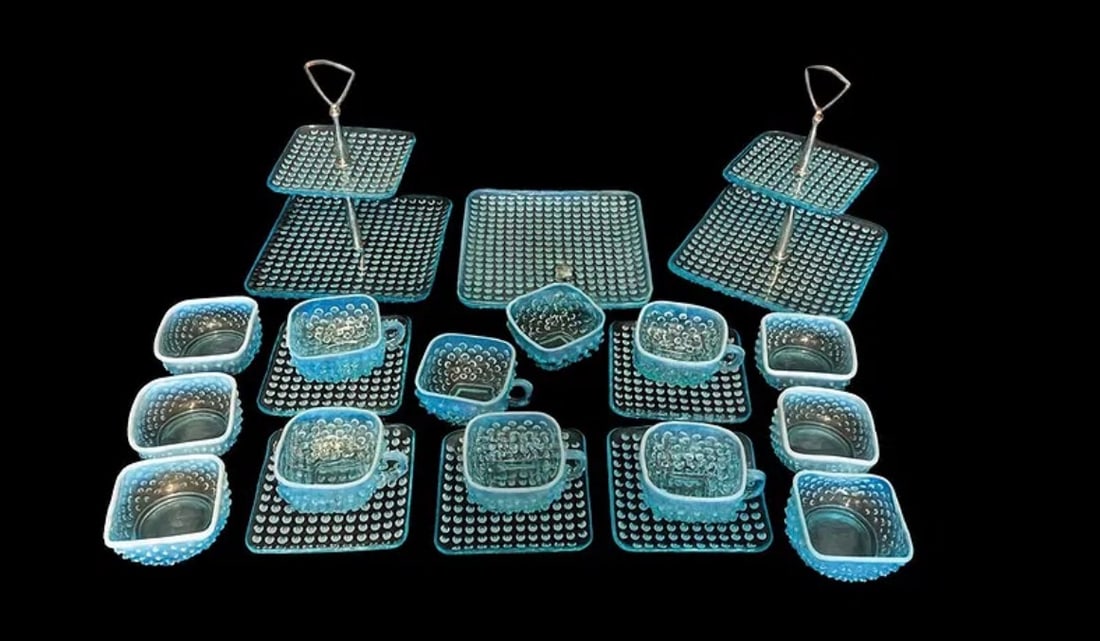 Vintage Aqua Blue Hobnail Glass Hostess Set – 22 Pieces – Cups, Plates, Bowls & Tiered Servers (1 of 4)