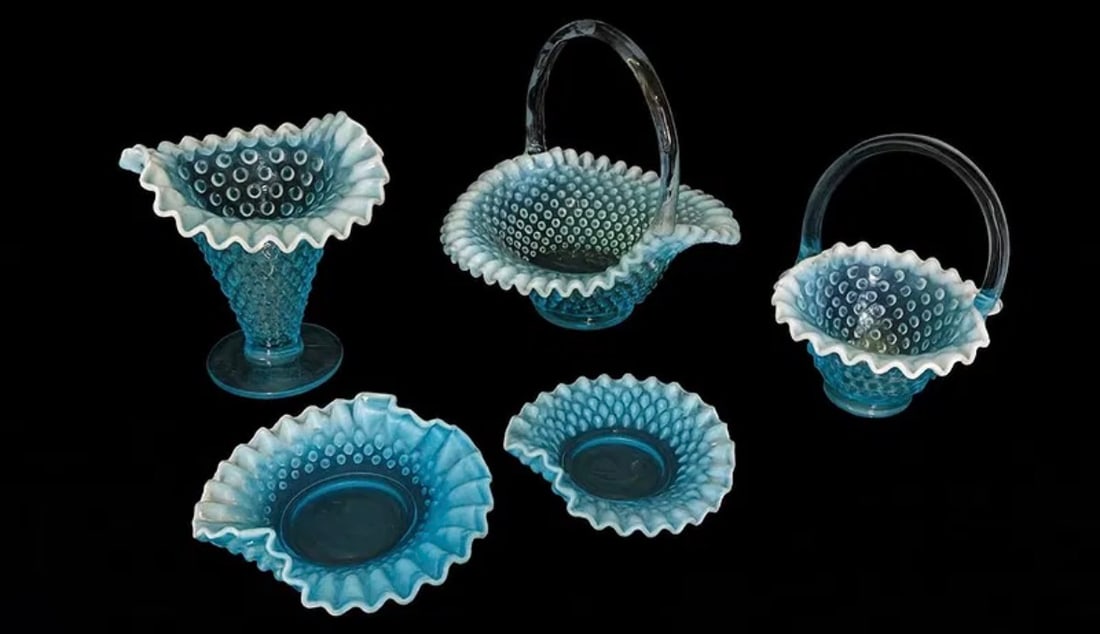 Fenton Blue Opalescent Hobnail — 5-Piece Group (Baskets, Vase & Ruffled Bowls) (1 of 2)