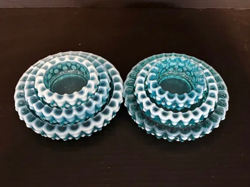 Fenton Blue Opalescent Hobnail Nesting Ashtray / Bonbon Set – 6 Pieces (1 of 3)