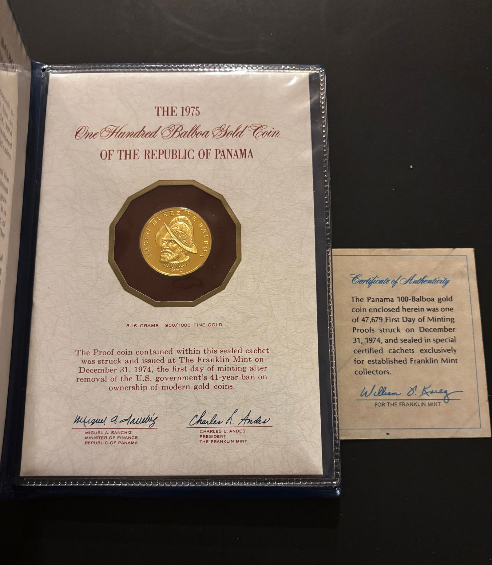 Panama 100 Balboas Gold Proof Coin, 1975, Franklin Mint, First Day of Minting, w/ COA (1 of 3)