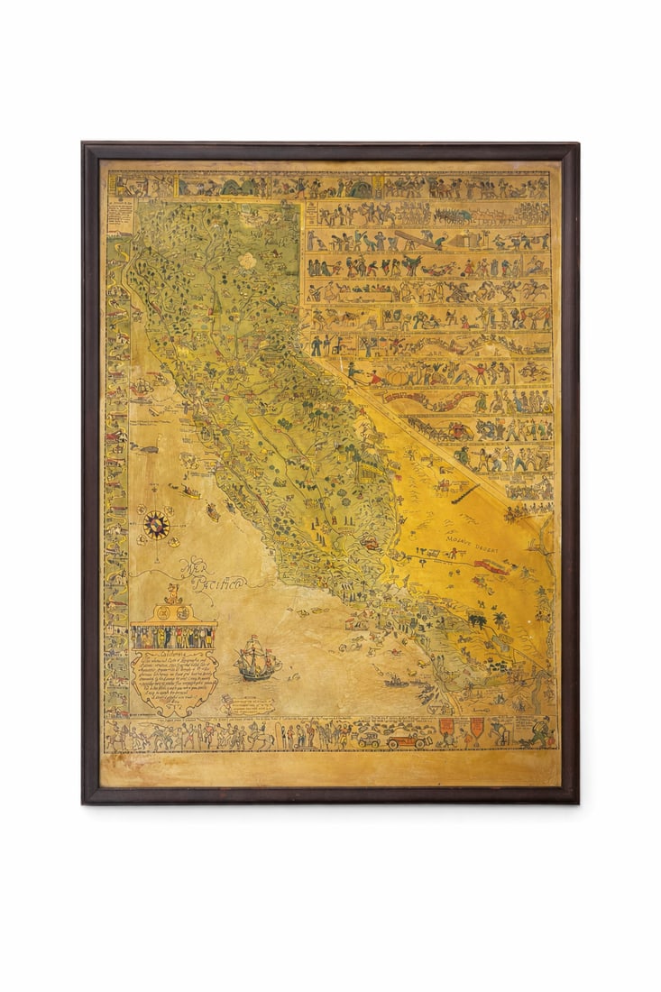 Jo Mora (1876–1947) “California”; Pictorial Map, 1927, Framed: Jo Mora’s iconic and whimsical “California” pictorial map, originally issued in 1927 and published by A.M. Robertson, featuring Mora’s richly illustrated vision of California’s history 3