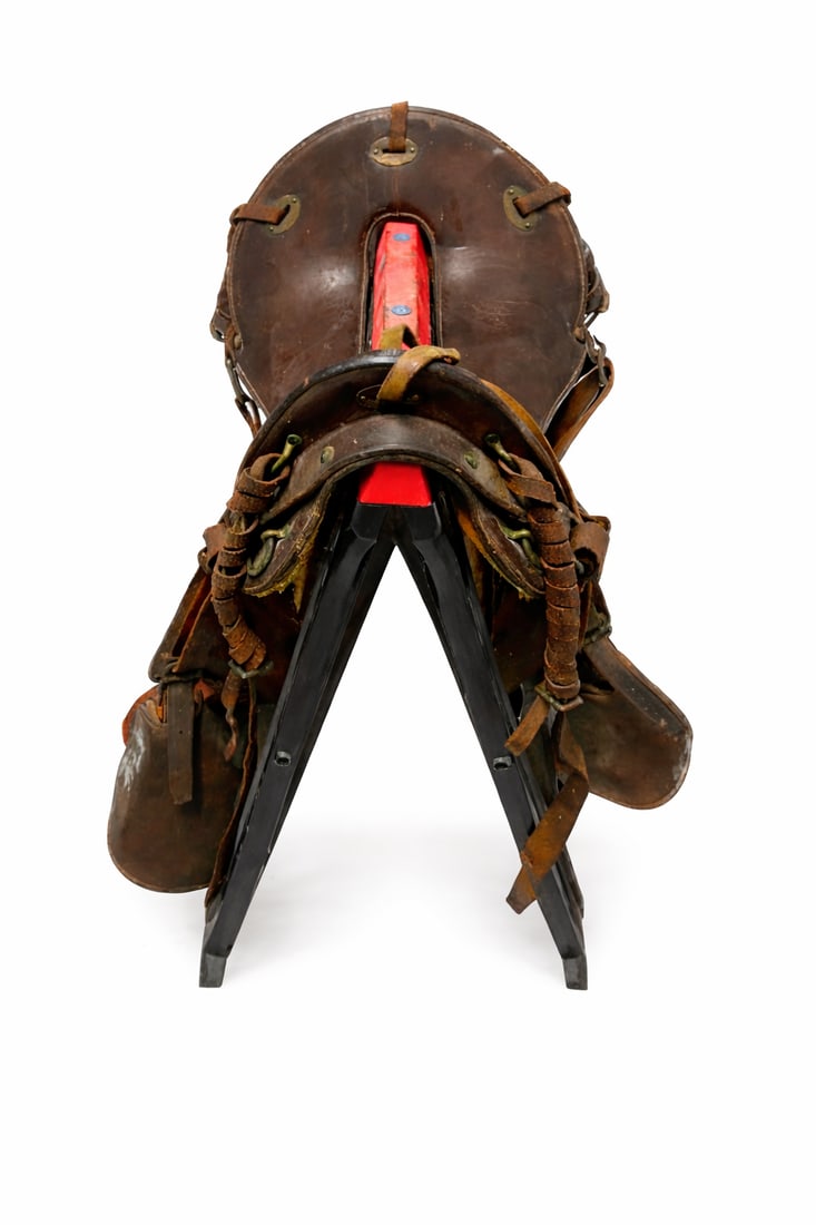Antique Western Saddle, Marked 12”Seat, Brown Leather, Complete Rigging: Vintage Western saddle featuring a 12-inch seat (marked), constructed of molded leather over a solid tree with original stirrups, latigo, off billet, and attached straps. The saddle shows classic work