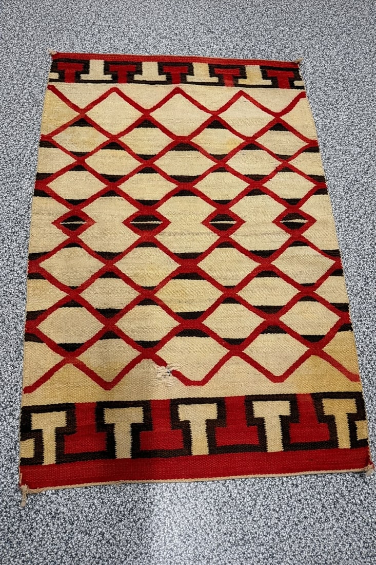 Vintage Navajo woven wool rug, geometric diamond lattice pattern in red, cream & brown (1 of 5)