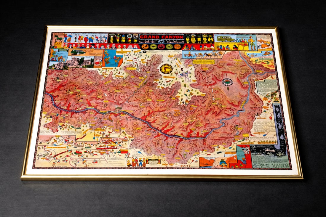 Joe Mora (American, 1876–1947), “Grand Canyon” Pictorial Map, Color Print, ©1931: richly detailed and iconic illustrated map of the Grand Canyon depicting the Colorado River, landmarks, trails, wildlife, Native American figures, transportation scenes, and historical vignettes; whim