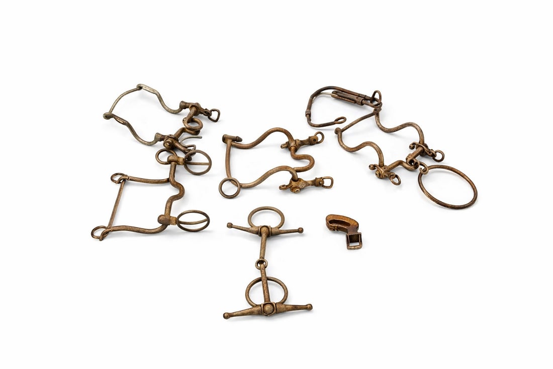 Group of 5 antique U.S.-stamped horse bridle bits plus leather-strap horse bell (1 of 7)