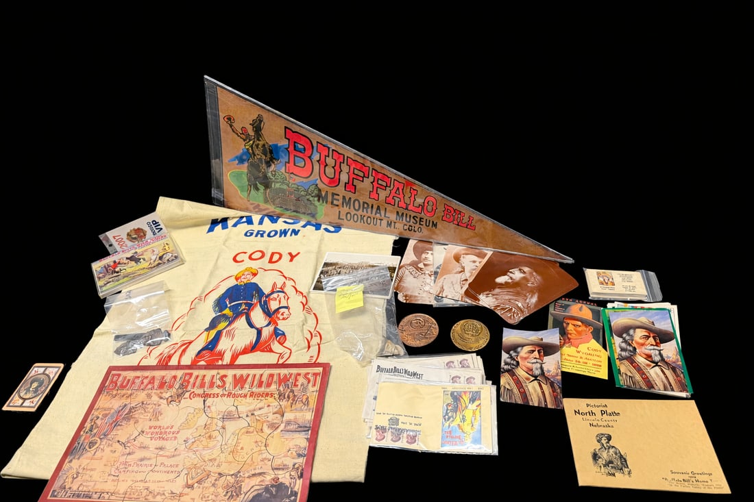 Buffalo Bill ephemera lot incl Kansas Grown Cody alfalfa cloth sack, Memorial Museum pennant, Wild: Buffalo Bill ephemera lot incl Kansas Grown Cody alfalfa cloth sack, Memorial Museum pennant, Wild West map, postcards, photos, puzzle, medals & small Buffalo Bill head fragment flag,30.5"