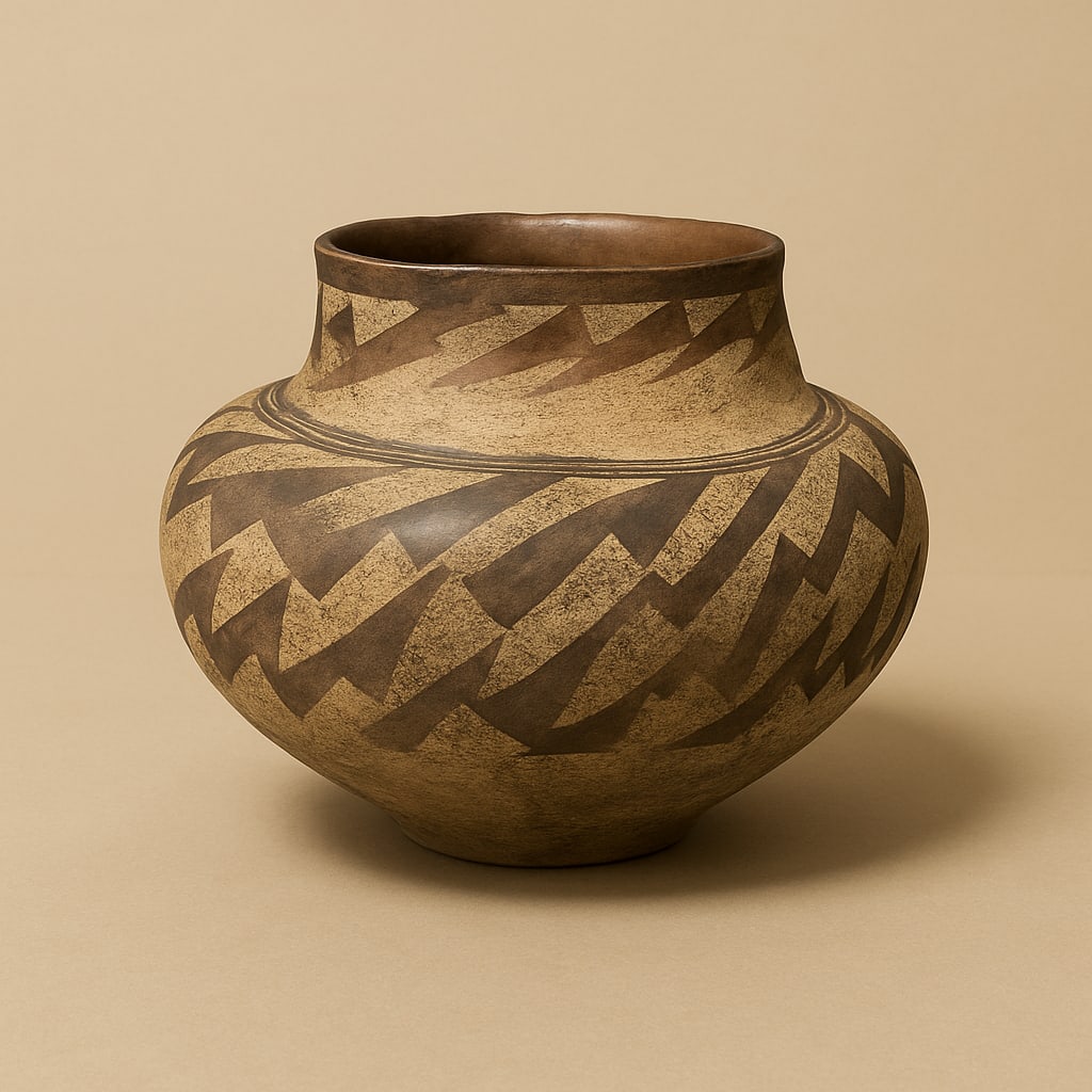 Hand-painted Southwest-style geometric earthenware pottery jar: Hand-painted Southwest-style geometric earthenware pottery jar with repeating angular zig-zag banding, rounded body, and weathered rim, Aproximately 6.5"-7" 8" diameter