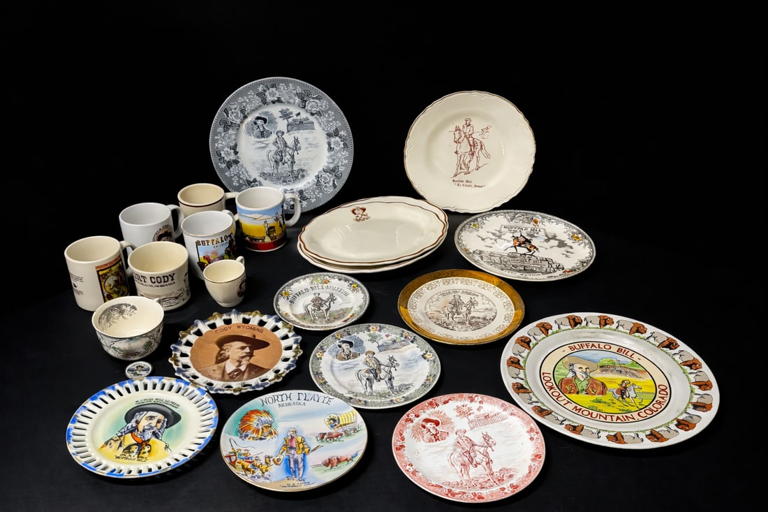 Group of Buffalo Bill Souvenir Plates, Mugs & Small Dish – Cody WY, Lookout Mountain CO, North (1 of 7)