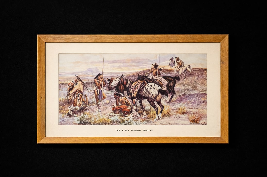 Framed Western Print After Charles M. Russell, “The First Wagon Trail”13”H x 19” (1 of 3)