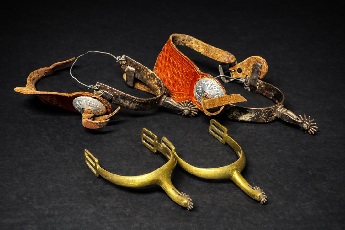 Vintage Western Spurs & Leather Straps, Group of Four (1 of 3)