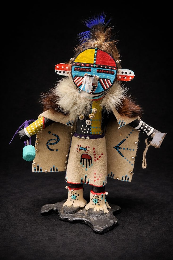 Handcrafted Kachina-Style Figure with Mixed Media Detailing: Finely made carved figure with polychrome-painted mask, fur collar, feather adornments, beadwork, and leather garments, standing on shaped base; holding painted accessories. Approx. 8.5” H x