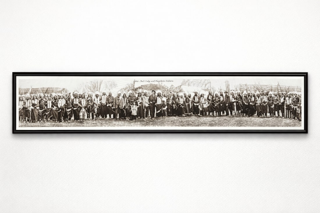 Framed Panoramic Photograph – “1908 – Bill Cody and American Indians: black-and-white panoramic group image depicting Buffalo Bill Cody with Native American performers, titled and dated within the image, early 20th-century reproduction after the original photograph,