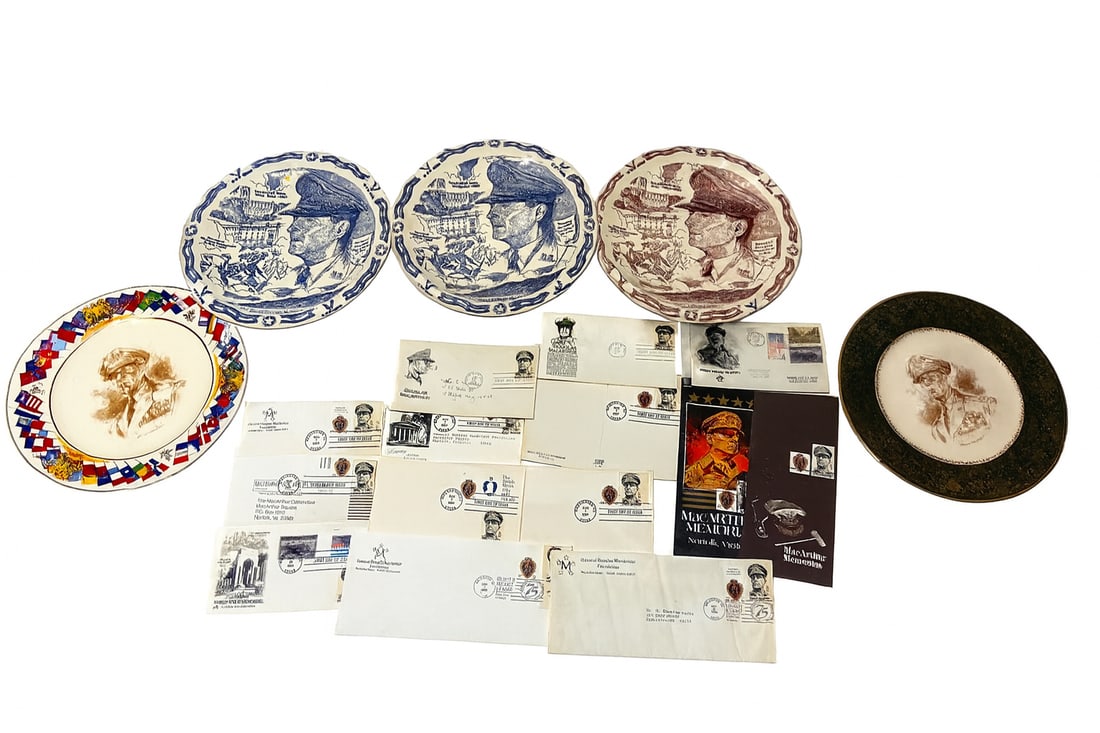 General Douglas MacArthur Collector Plates & First Day Cover Archive (20+ Pieces): (5) MacArthur collector plates, mixed sizes & designs. (;;14+) MacArthur-related First. Day Covers.Purple Heart Stamp issues.Douglas MacArthur Foundation covers .Norfolk MacArthur Memorial cancels