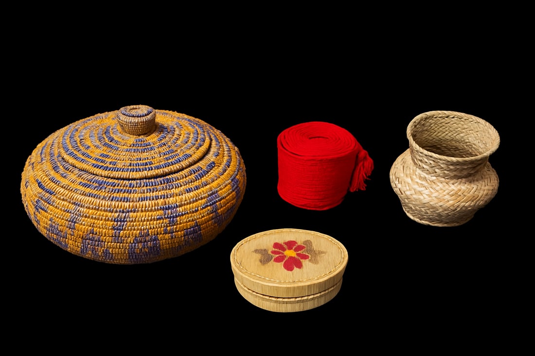 Native American & Ethnographic Basketry Group, Four Pieces: Native American & ethnographic basketry lot, 4 pcs including large lidded O’odham basket (10"x6"), vase basket (5.5"x4.5"), birch bark box (4.25"x3"x2"), red woven sash; VG condition; est.