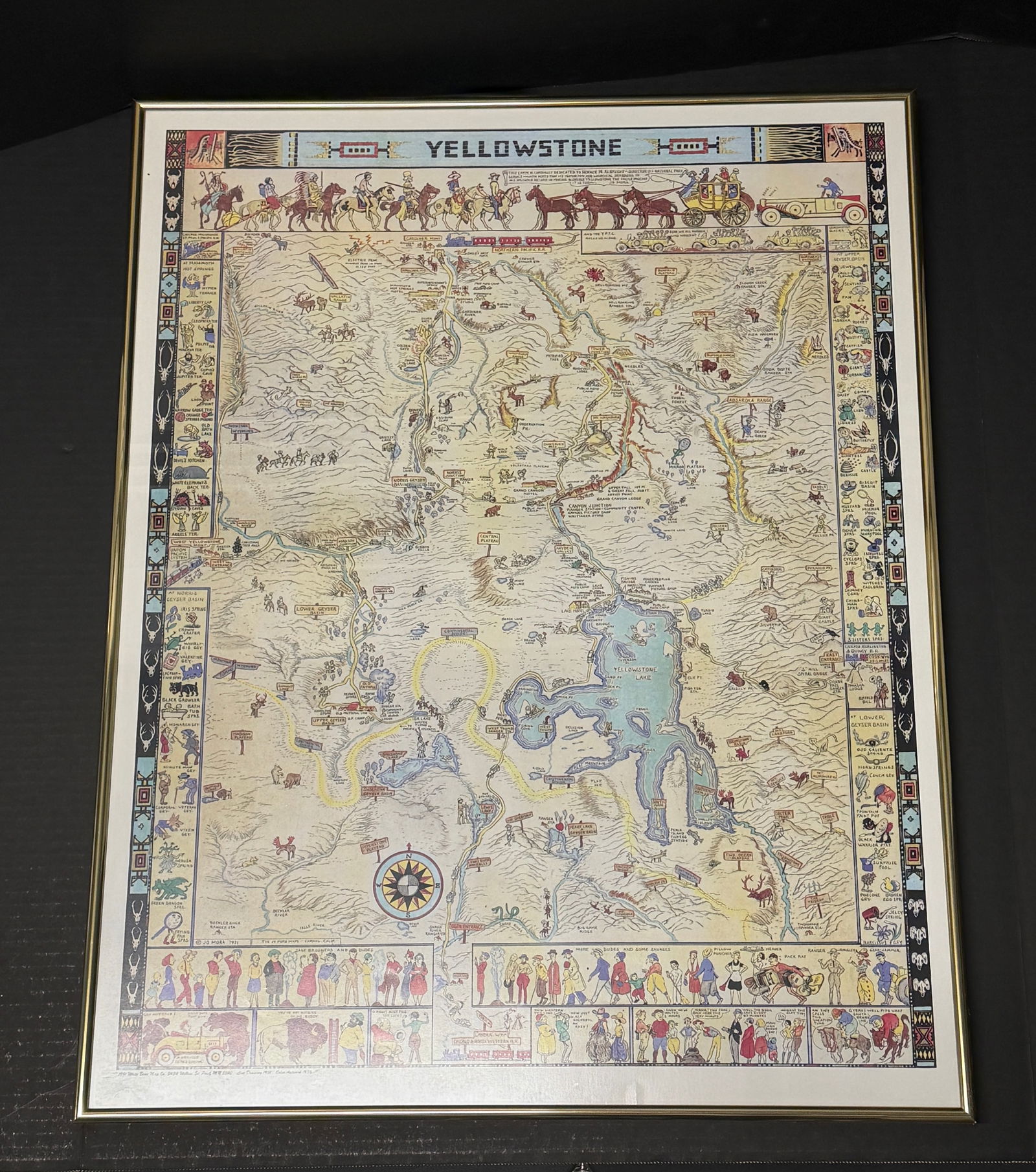 Jo Mora Yellowstone pictorial map print: Jo Mora Yellowstone pictorial map print, White Bear Map Co. 1991 licensed reproduction, framed, 28.5” x 22”