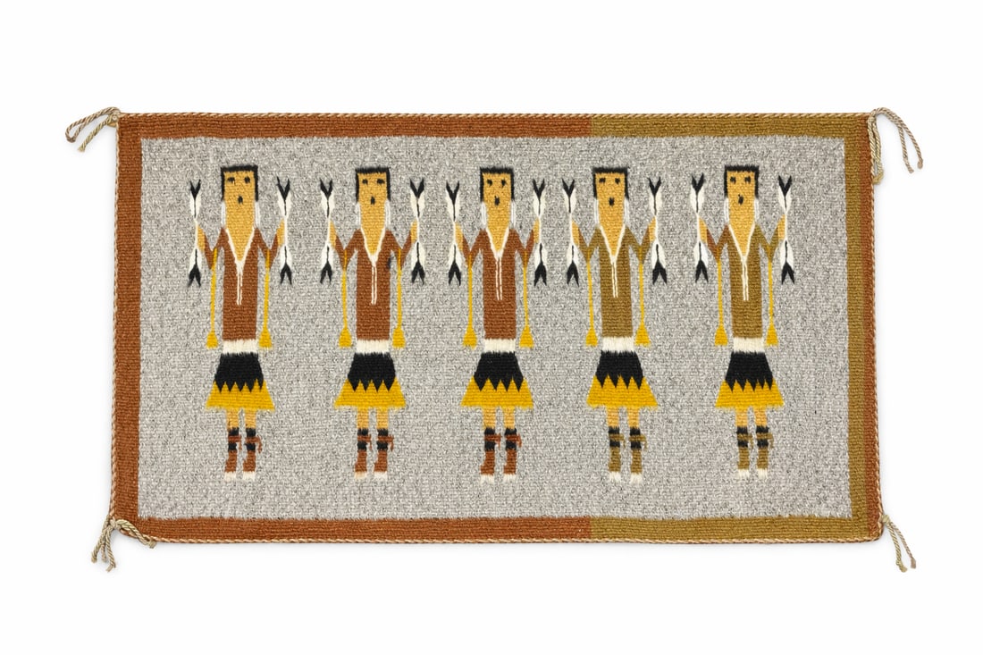 Southwestern Woven Textile / Wall Hanging,: handwoven wool example featuring five stylized Native American figures in earth-tone palette (gray, brown, ochre, black), geometric border, braided edge, wooden hanging rod at top with cord ties;