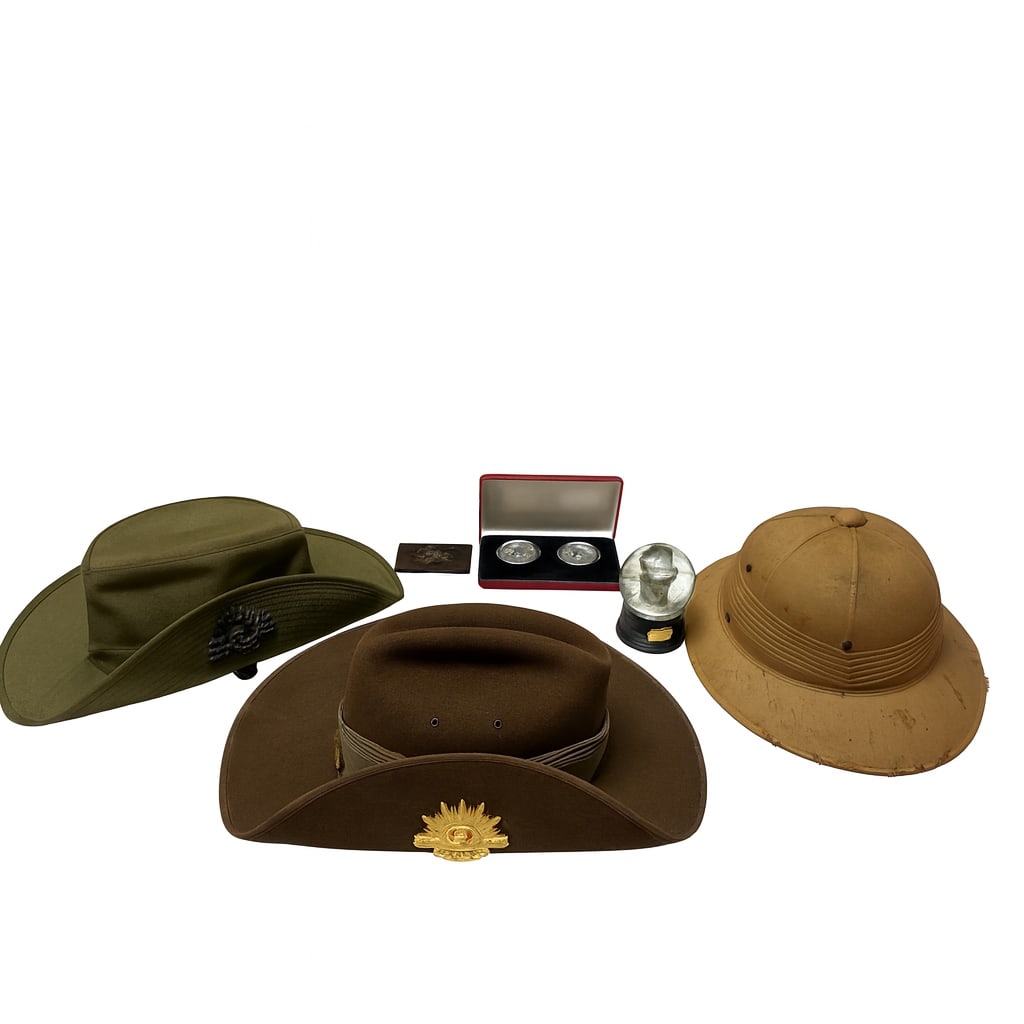 General MacArthur related memorabilia including WW2 era hat and Australian field hat, snow globe and (1 of 4)