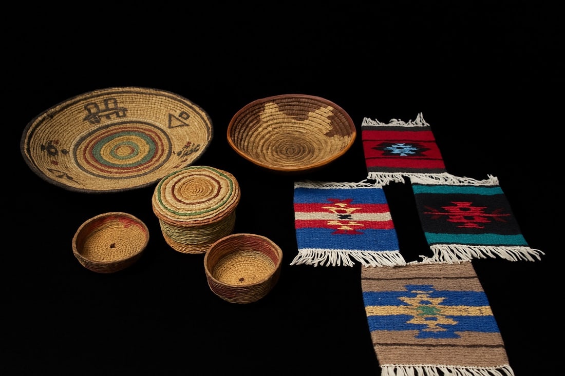 8-pc Native American basket & rug lot; bowls: 8-piece Native American basketry and woven textile lot including large woven bowl (12.5" dia.), medium bowl (9.5" dia.), lidded basket (5" dia.), small bowl (4" dia.), small woven bowl w/ red accents,
