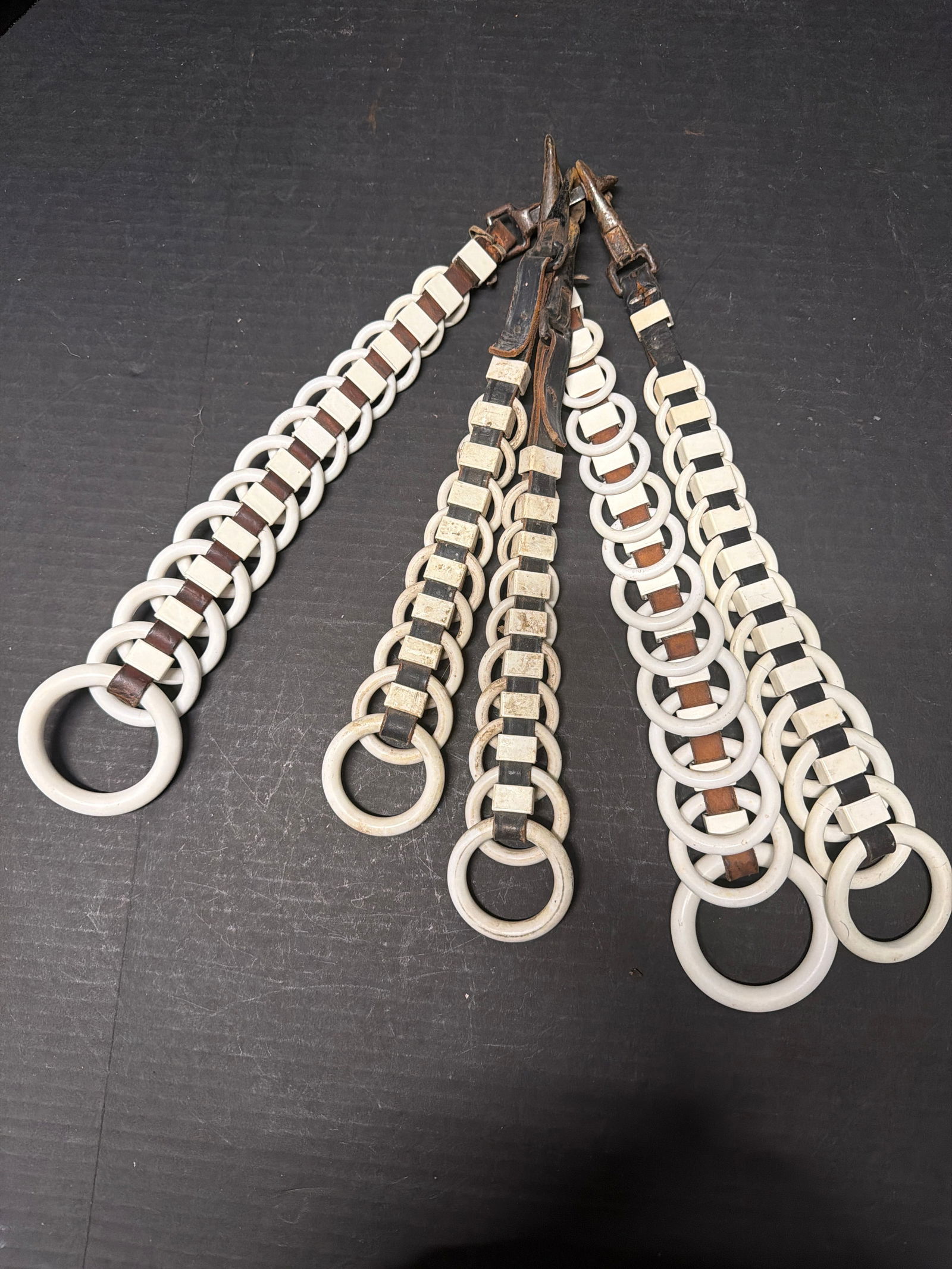 Vintage parade horse reins lot of 5, white plastic ring construction with leather & iron hardware (1 of 4)