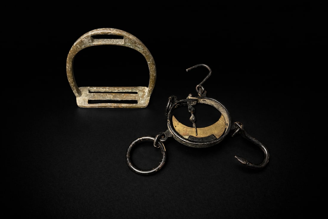 Antique Hanging Balance Scale with Brass Dial and Iron Frame (1 of 3)