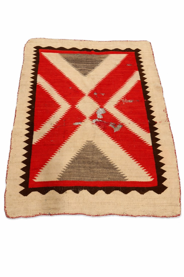 Southwestern geometric woven wool rug with stepped X and triangular motifs in red, cream, brown, and (1 of 4)