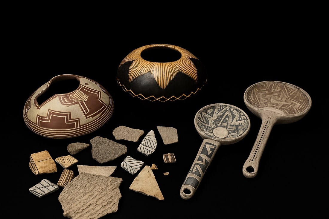 Southwestern-style pottery lot: Southwestern pottery lot: carved black pot 13–14" dia, geometric pottery lamp shade 13–14" dia, two possible replica ladles 10–11";