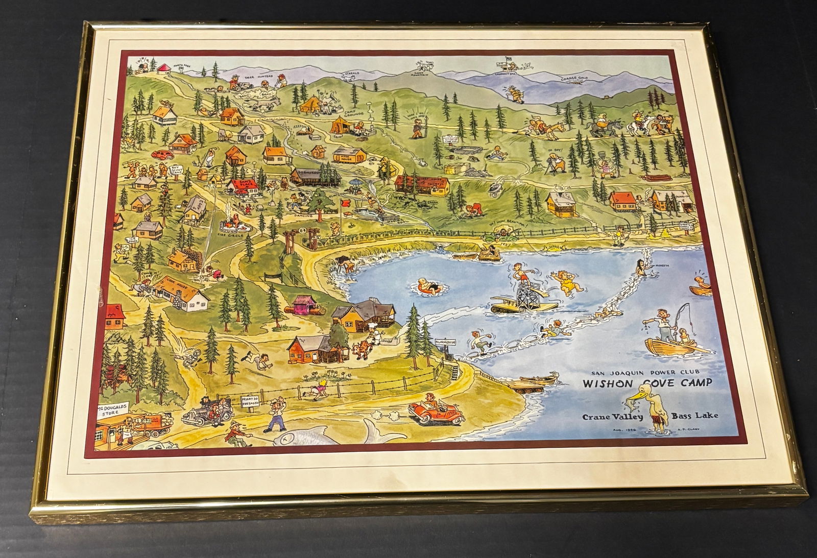 Vintage Illustrated Camp Map – “Wishon Cove Camp, Crane Valley, Bass Lake” – Framed (1 of 3)