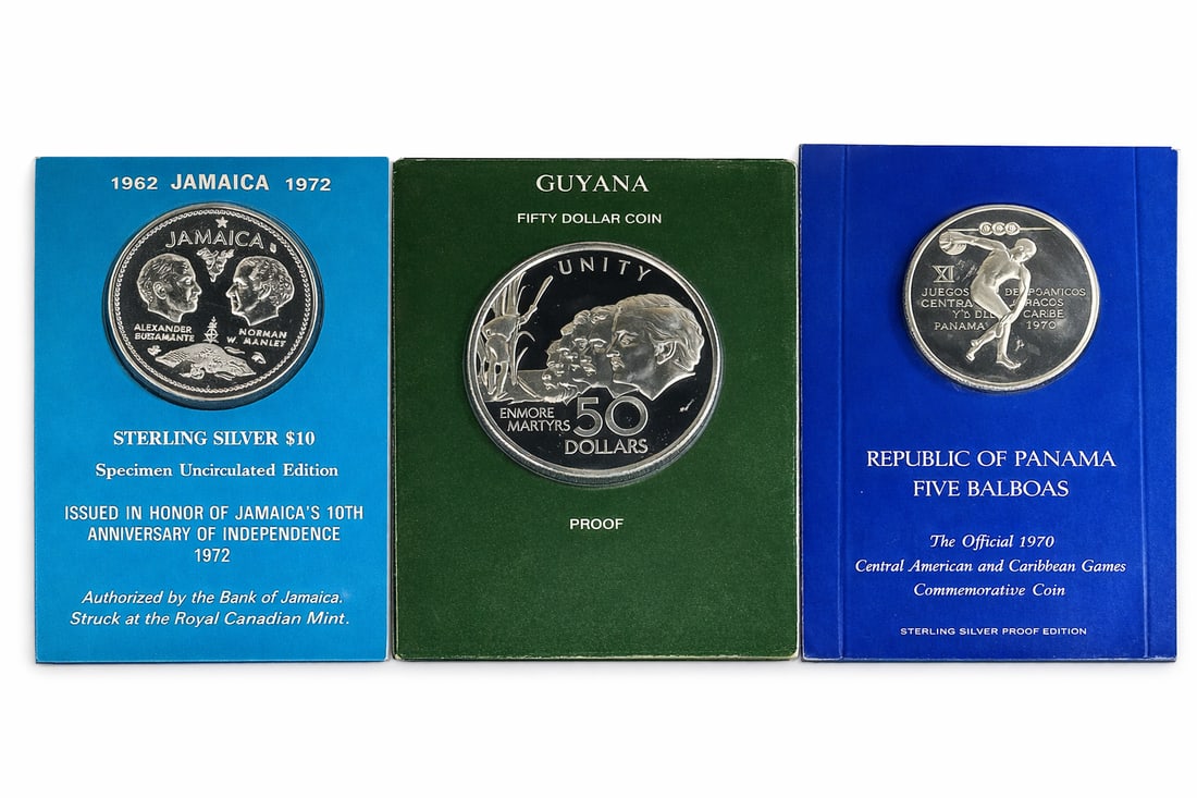 Jamaica Guyana Panama Sterling Silver Proof Coin Trio 1970–1976: Three Caribbean sterling silver commemorative coins including 1972 Jamaica $10 (10th Anniversary of Independence), 1976 Guyana $50 “Unity” Enmore Martyrs (Franklin Mint proof), and 1970 Panama
