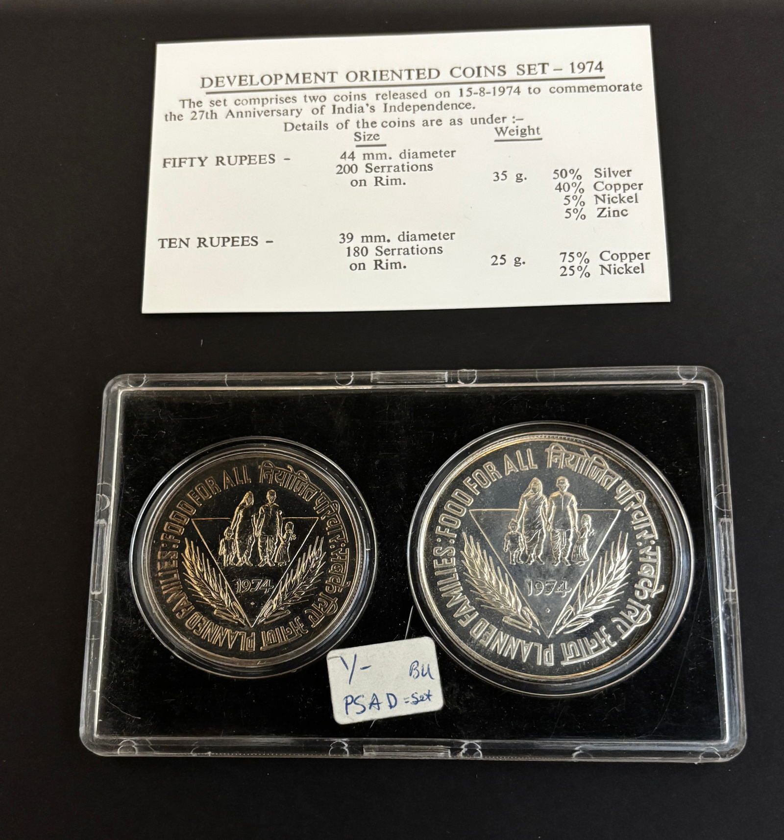 India 1974 Development Oriented Coin Set 50 & 10 Rupees: 1974 India “Development Oriented Coins” commemorative set issued for the 27th Anniversary of Independence. Includes 50 Rupees (35g, 50% silver) and 10 Rupees (25g copper-nickel). “Planned Fa