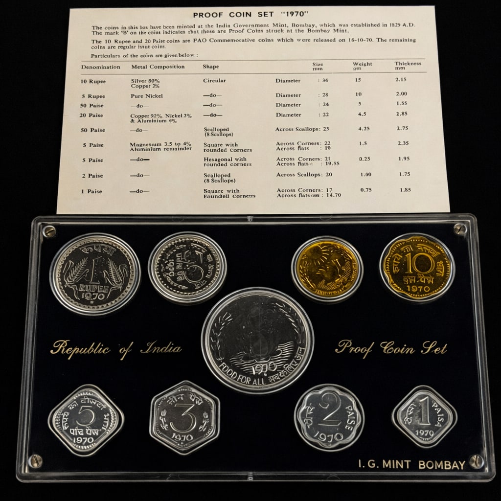 India 1970 Proof Coin Set I.G. Mint Bombay FAO Commemorative: 1970 Republic of India Proof Coin Set issued by India Government Mint, Bombay. Includes 10 Rupees (80% silver FAO “Food for All” commemorative), 1 Rupee, 50 Paise, 20 Paise, 10 Paise, 5 Paise,