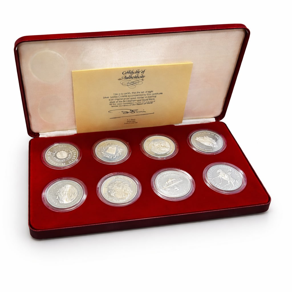 1977 Silver Jubilee 8-Coin Sterling Crown Set (1 of 3)