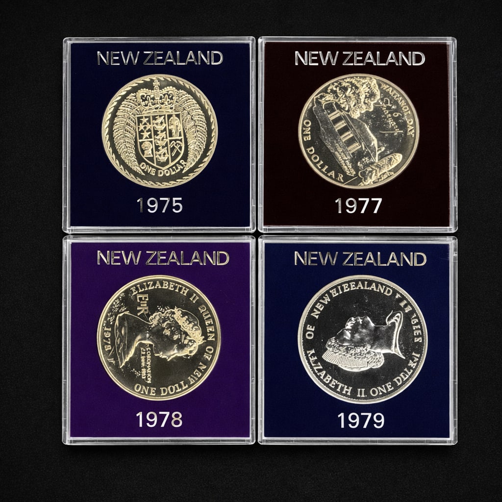 1975–1979 New Zealand $1 Commemorative Coins (4): Set of four New Zealand One Dollar commemorative coins dated 1975, 1977, 1978, and 1979, each housed in original hard plastic display case with colored velvet insert (blue, burgundy, purple). Designs
