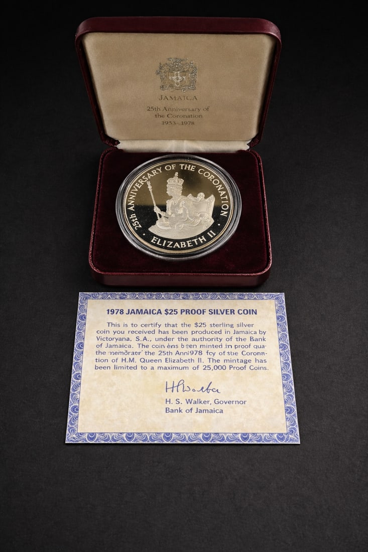 1978 Jamaica $25 Proof Silver Coronation: 1978 Jamaica $25 Proof sterling silver commemorative coin issued for the 25th Anniversary of the Coronation of Queen Elizabeth II (1953–1978). Struck in .925 sterling silver with deep proof finish,