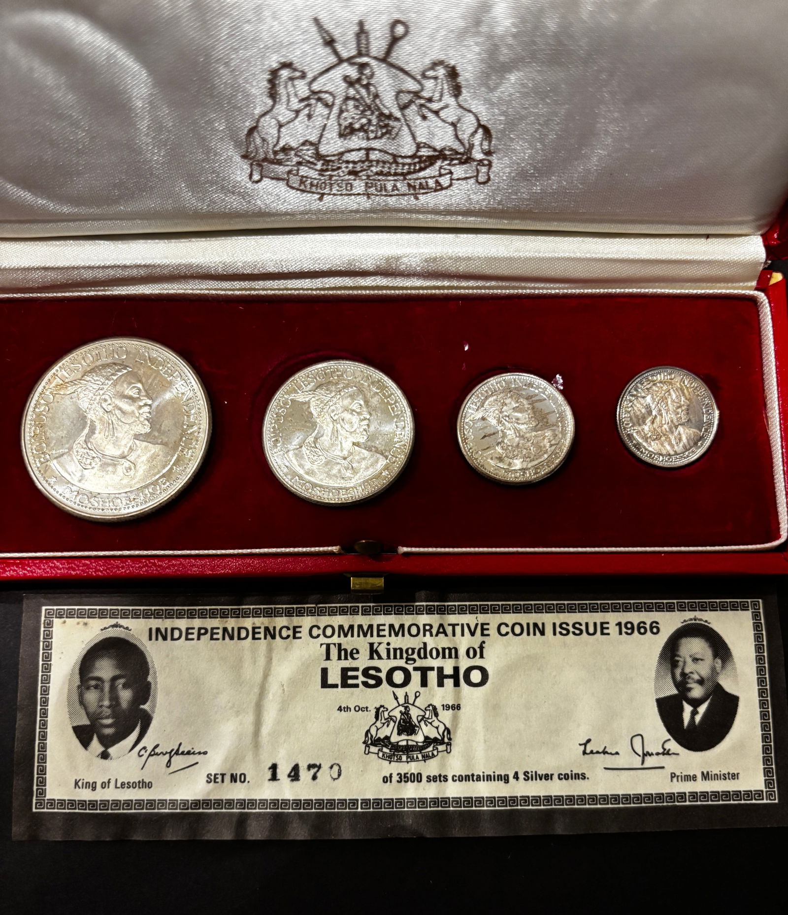 1966 Lesotho Silver Independence Set: 1966 Kingdom of Lesotho Independence Commemorative Silver Coin Set. Limited issue Set No. 1470 of 3500 containing four silver coins: 50 Lisente, 20 Lisente, 10 Lisente, and 5 Lisente. Issued October 4