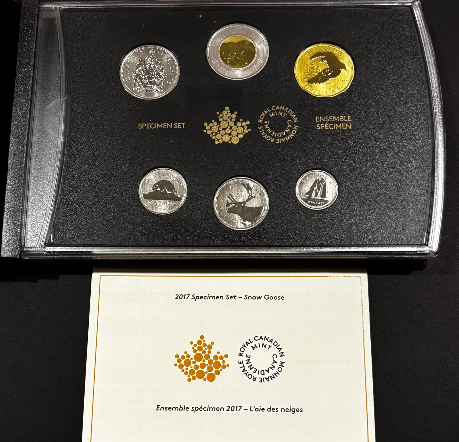 2017 Canada Specimen Set Snow Goose RCM OGP: Royal Canadian Mint 2017 “Snow Goose” Specimen Set in original government packaging with certificate. Complete 7-coin set including $2 Toonie (bimetal), $1 Loonie, 50¢, 25¢, 10¢, 5¢ and go
