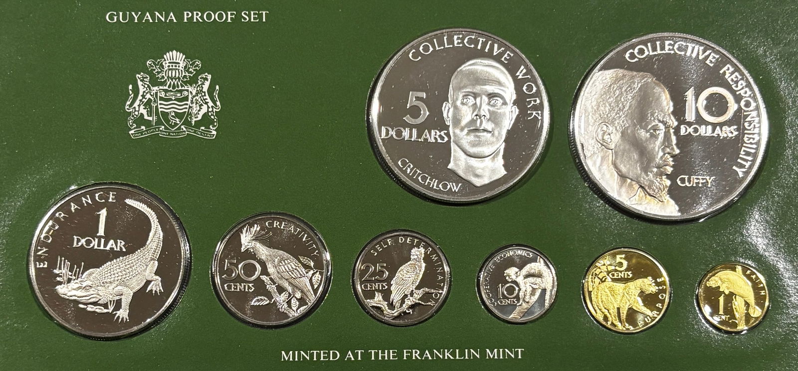 1976 Guyana Proof Coin Set Eight-Coin Franklin Mint Issue w/ COA: Official 1976 Guyana eight-coin proof set struck by the Franklin Mint under authorization of the Cooperative Republic of Guyana. Mirror-finish proof coins featuring national wildlife and historical