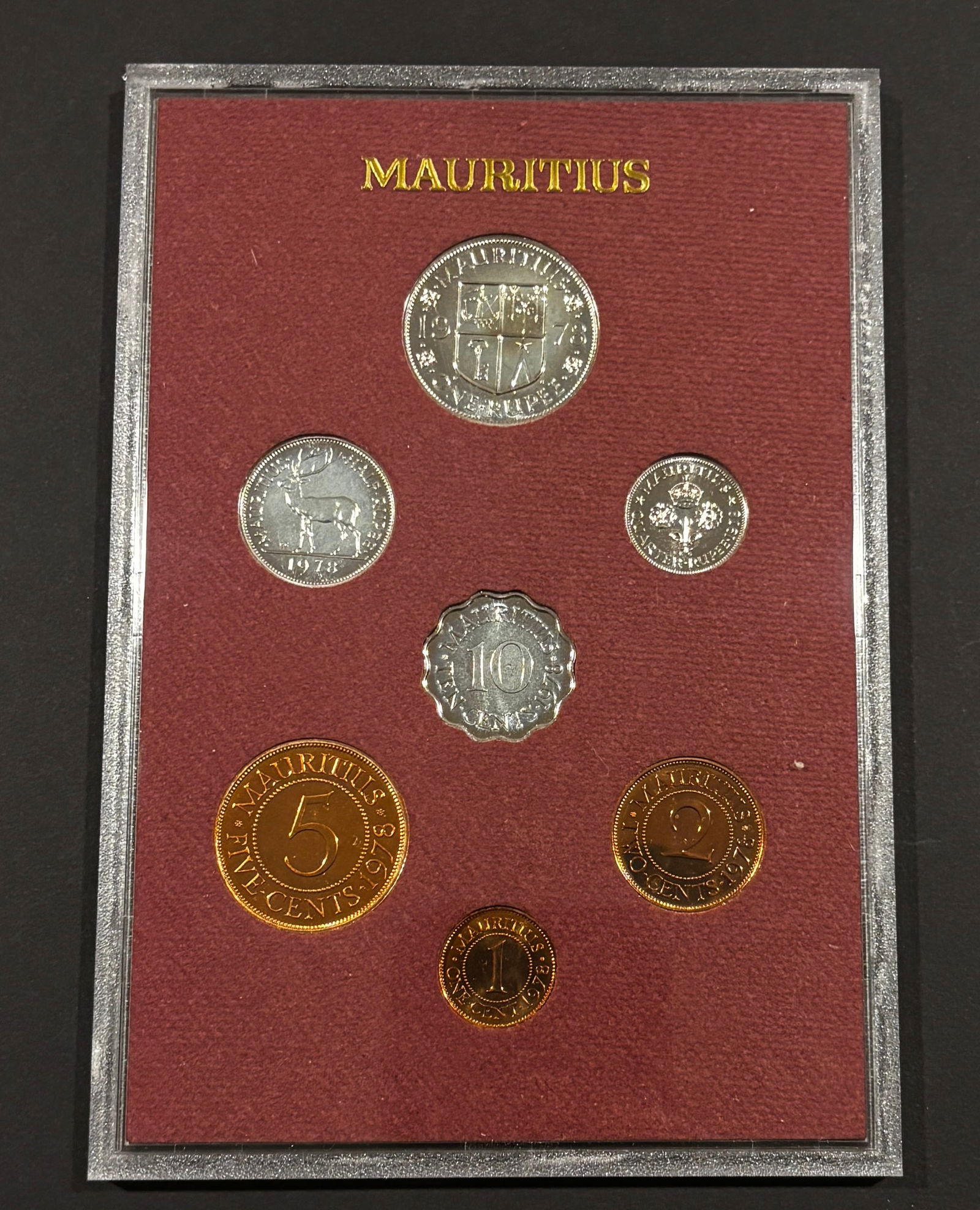 1978 Mauritius Proof Coin Set: Official 1978 Mauritius proof coinage set featuring seven denominations including 20 rupees, 10 rupees, 5 rupees, 1 rupee, 50 cents, 25 cents and 1 cent, struck for the Bank of Mauritius and housed