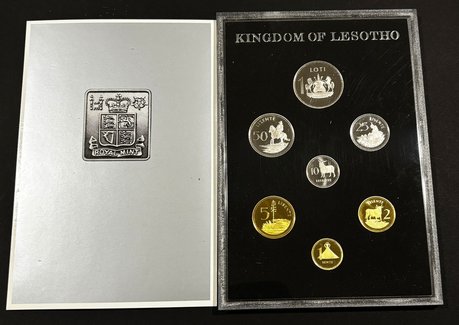 Kingdom Of Lesotho 1979 Proof Coin Set Royal Mint: Official 1979 Kingdom of Lesotho proof coinage set struck by the Royal Mint and presented in the original black holder with Royal Mint booklet. The set includes seven denominations from 1 loti
