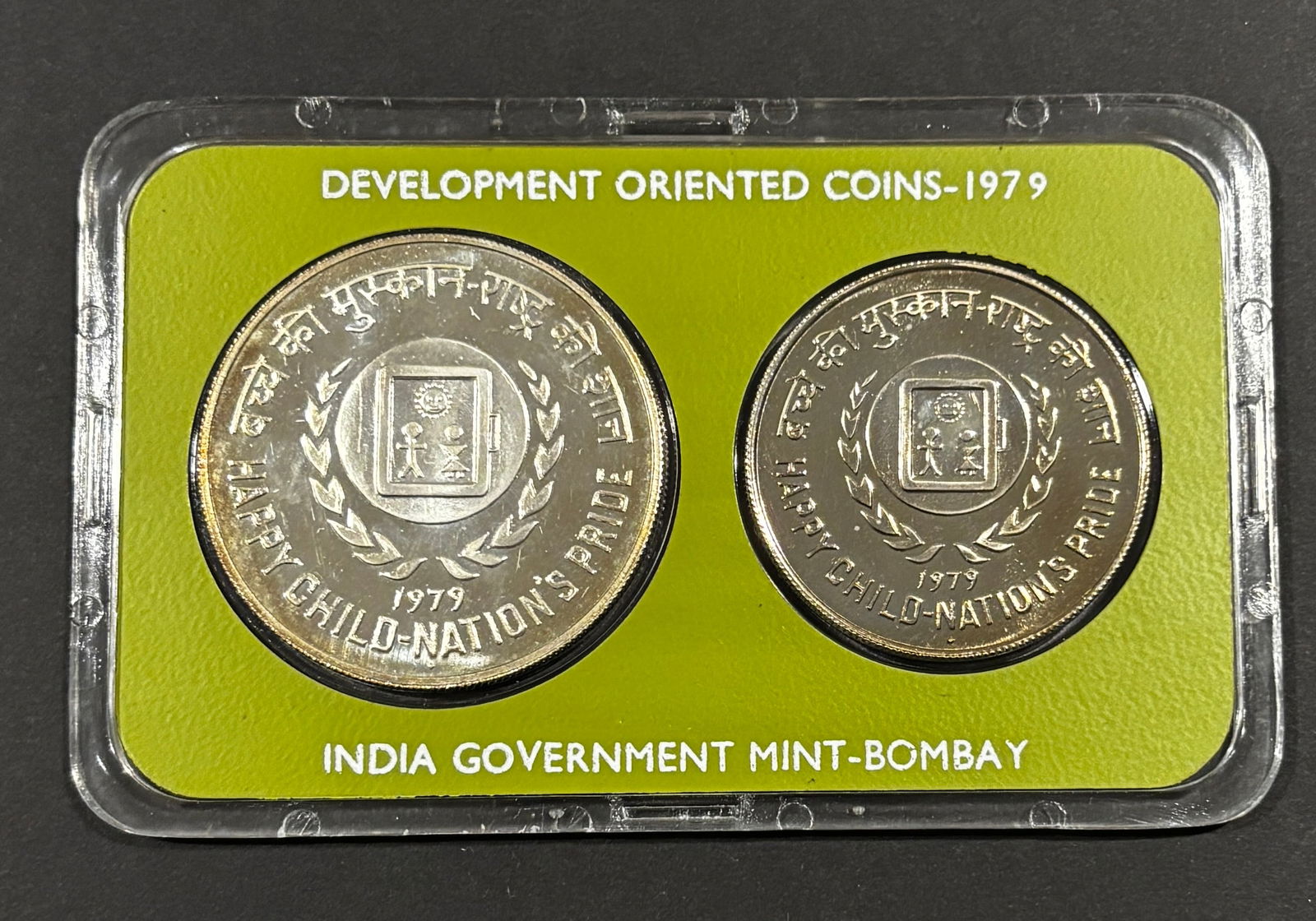 1979 India Development Oriented Coins Proof Set Bombay Mint Happy Child Nation’s Pride: 1979 India “Development Oriented Coins” Proof Set issued by the India Government Mint, Bombay, comprising 10 Rupees and 50 Rupees commemorative coins honoring “Happy Child – Nation’s