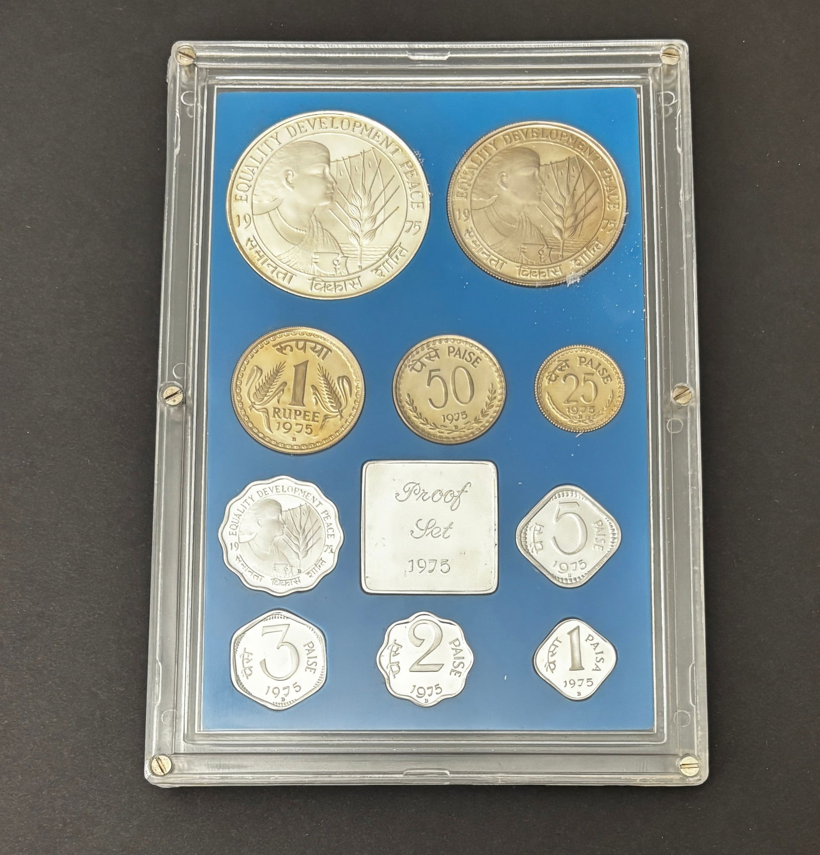 1975 India Bombay Mint Proof Coin Set With 10 & 50 Rupees Silver In Original Holder (1 of 2)
