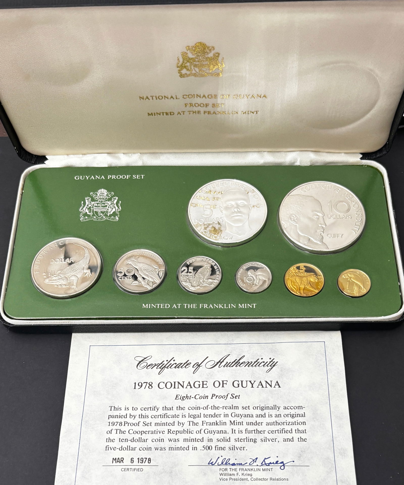 1978 Guyana Franklin Mint Proof Coinage Set With Sterling & .500 Silver In Original Case And COA: Official 1978 Coinage of Guyana eight-coin proof set minted by the Franklin Mint under authorization of the Cooperative Republic of Guyana and housed in the original presentation case with certificate