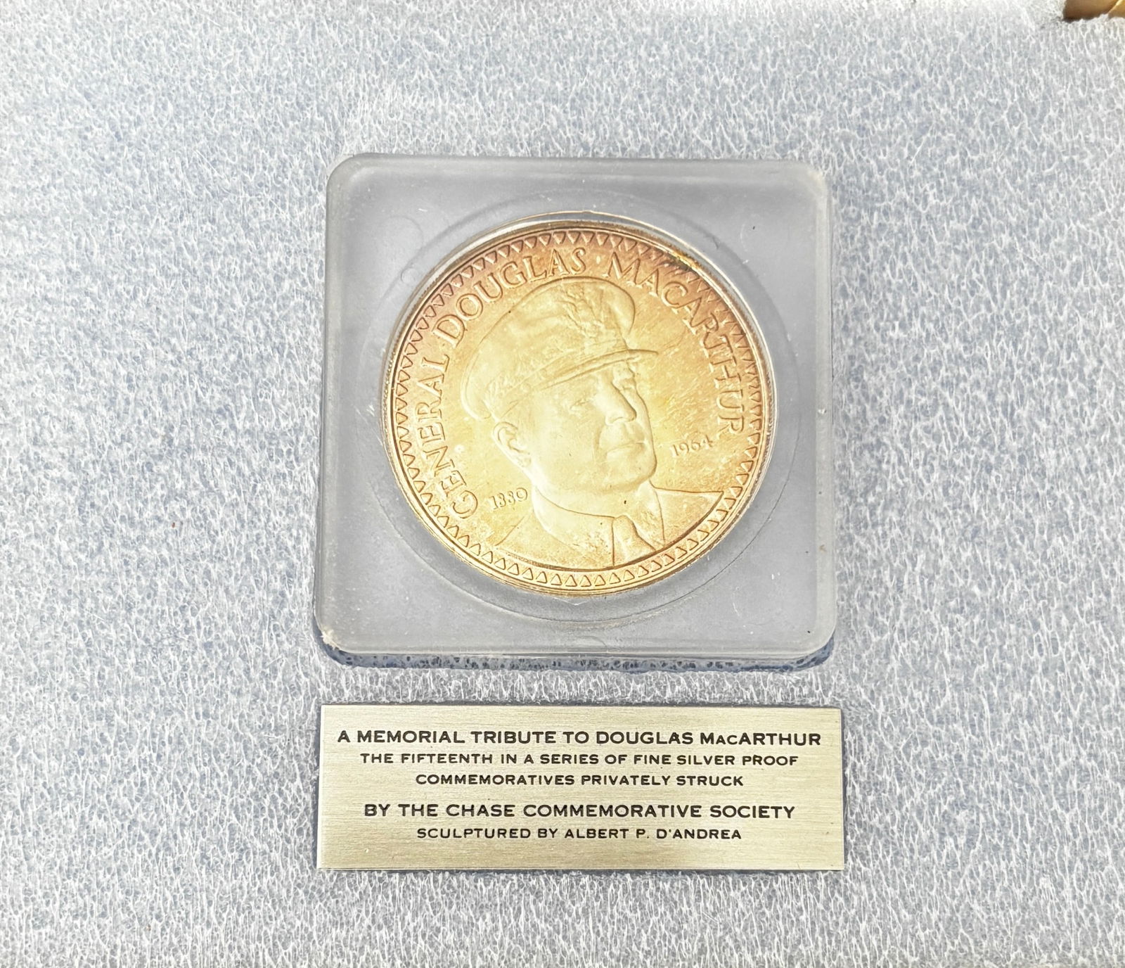 Douglas MacArthur Memorial Silver Proof Medal Chase Society: Memorial tribute medal honoring General Douglas MacArthur (1880–1964), privately struck by the Chase Commemorative Society and sculpted by Albert P. D’Andrea. Proof medal struck in fine silver wit