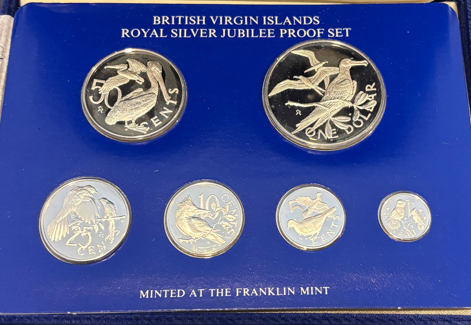 1977 British Virgin Islands Royal Silver Jubilee Sterling Proof Set: 1977 British Virgin Islands Royal Silver Jubilee proof coin set commemorating the Silver Jubilee of Queen Elizabeth II, minted by The Franklin Mint under authorization of the BVI government. Six-coin