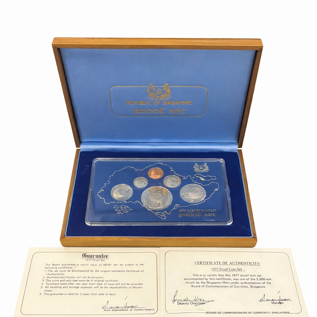 1977 Republic Of Singapore Proof Coin Set With COA In Original Wooden Case (1 of 3)