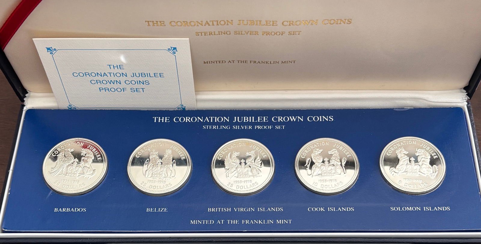 1978 Coronation Jubilee Crown Coins Sterling Silver Proof Set Franklin Mint: 1978 Coronation Jubilee Crown Coins sterling silver proof set issued by the Franklin Mint to commemorate the Silver Jubilee of Queen Elizabeth II (1953–1978). Five coin set representing Barbados ($2