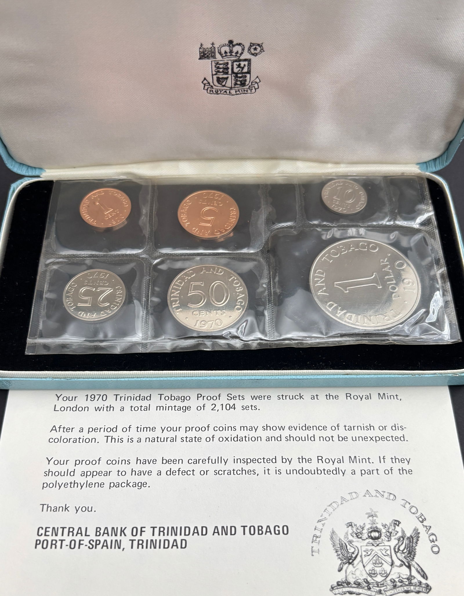 1970 Trinidad & Tobago Proof Coin Set Royal Mint With Case & COA: Original 1970 Trinidad & Tobago proof coin set struck at the Royal Mint, London, housed in the original fitted presentation case and accompanied by the official Central Bank of Trinidad & Tobago certi